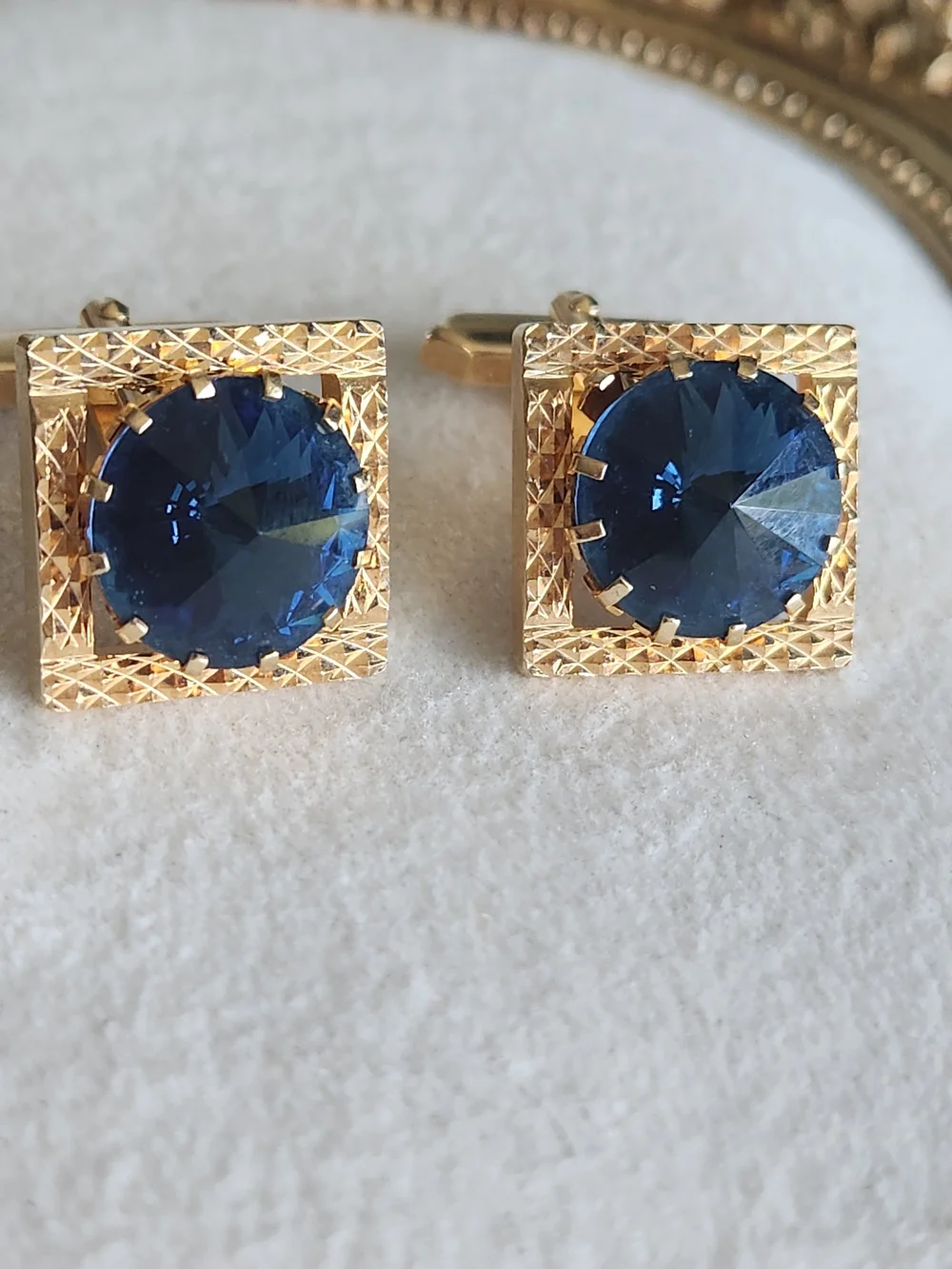 Vintage MCM Gold Square Cufflinks Sapphire Blue Rivoli Crystal Excellent